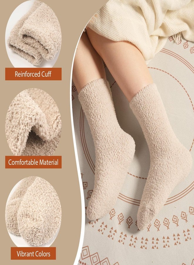 floconssy Fuzzy Socks for Women, Fluffy Cozy Plush Soft Slipper Socks for Fall Winter Warm Sleeping Home 5 Pairs Tan Brown White - Image 4